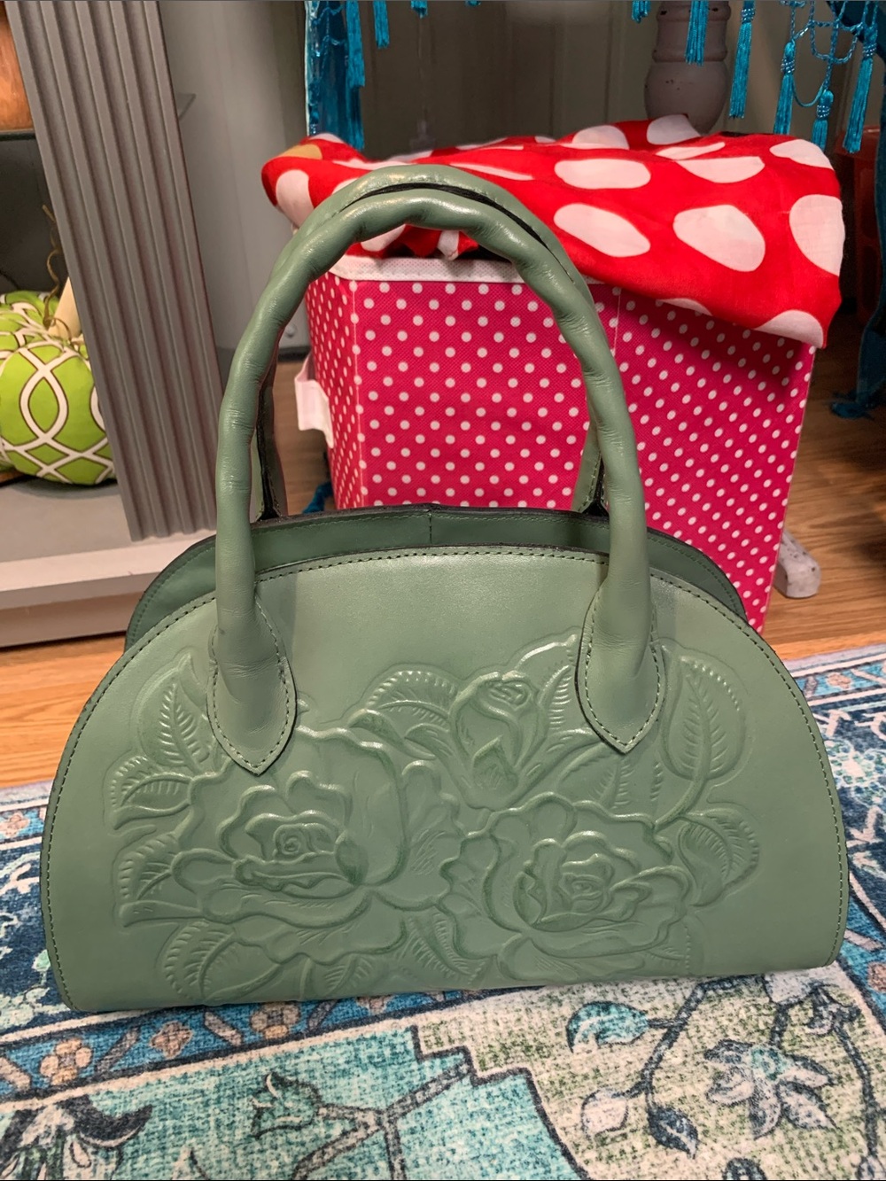 Patricia Nash angelini embossed bag leather new qvc crossbody roses sage green